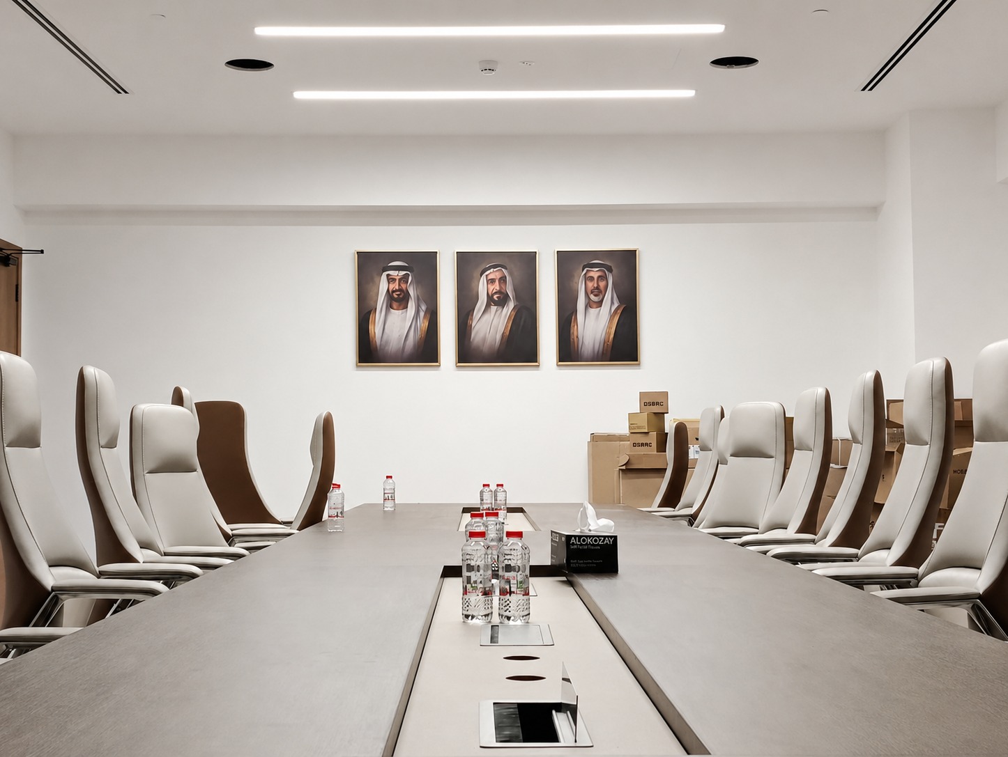 Boardroom-style meeting room interior design in Abu Dhabi with a long conference table and ergonomic chairs